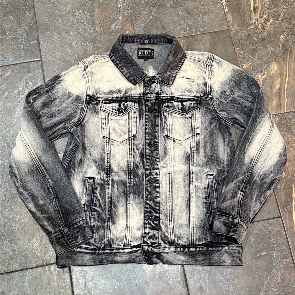 XXX Rude Grey & Black Distressed Bleached Denim Jacket size LG - Picture 3 of 15